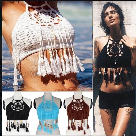 🎈3/20$ BOHO KNIT HALTER W/BEADED TASSELS - Picture 3 of 5